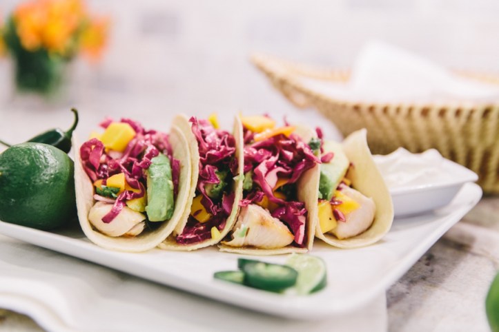Fish Tacos w/ Red Cabbage + Mango Slaw