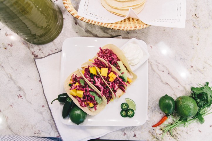 Fish Tacos w/ Red Cabbage + Mango Slaw