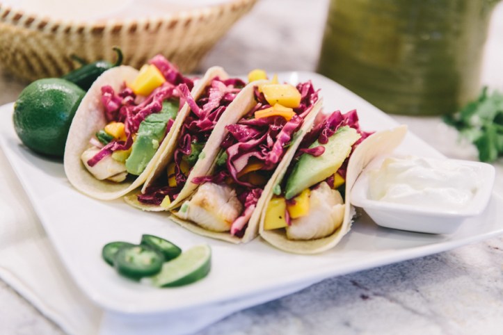Fish Tacos w/ Red Cabbage + Mango Slaw