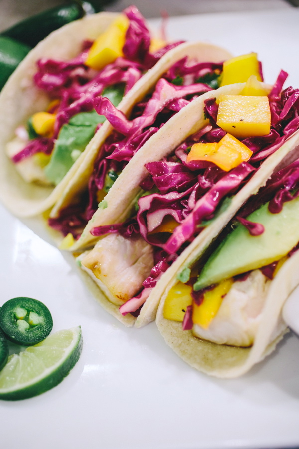 Fish Tacos w/ Red Cabbage + Mango Slaw